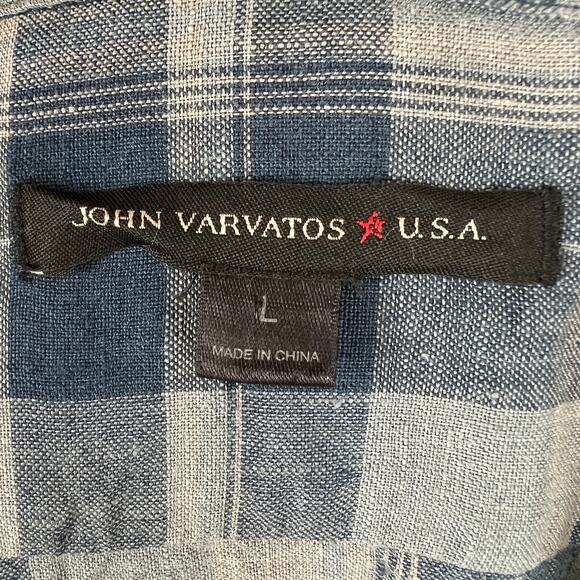 JOHN VARVATOS Blue Gray Plaid Linen Button-Down Collared Pocket Shirt Top Size L - Picture 6 of 8
